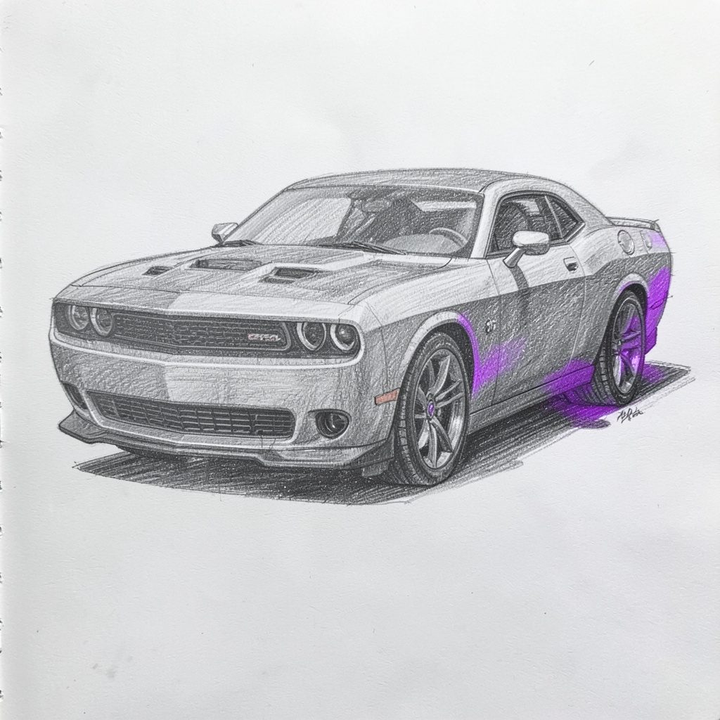 A graphite pencil sketch of a Dodge Challenger SRT Hellcat with a wide, aggressive stance, in dark charcoal.