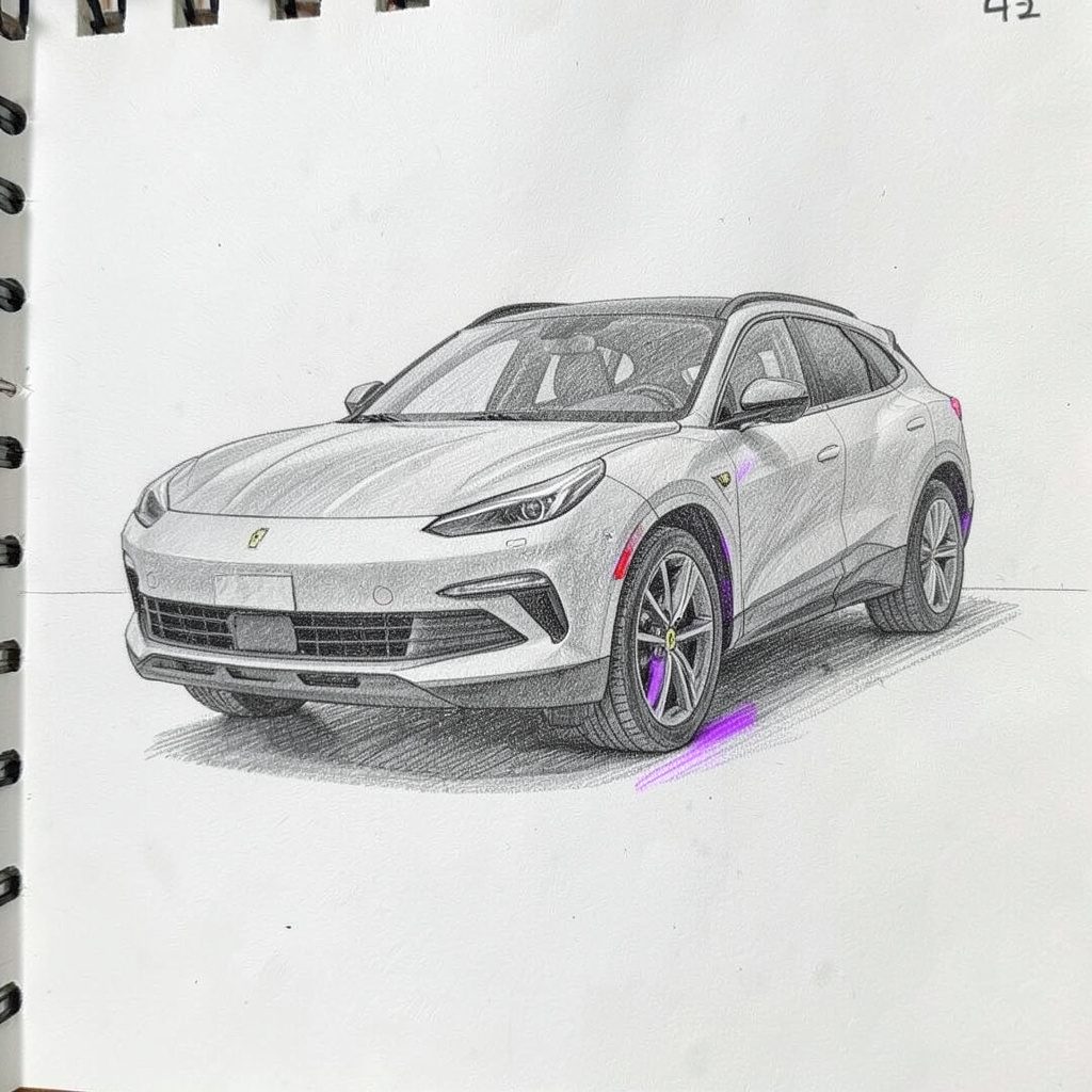 A graphite pencil sketch of a Ferrari Purosangue SUV with bold proportions, in deep grey tones.