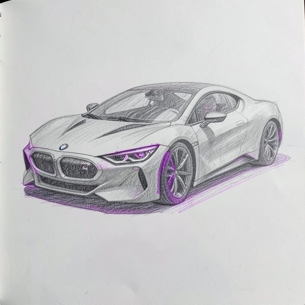 BMW brand representation in a graphite pencil sketch style.