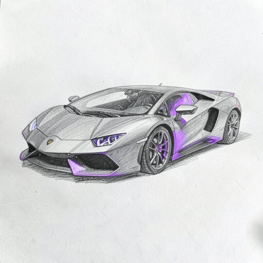 A graphite pencil sketch of a Lamborghini Aventador with sharp angular body lines, rendered in dark grey tones.