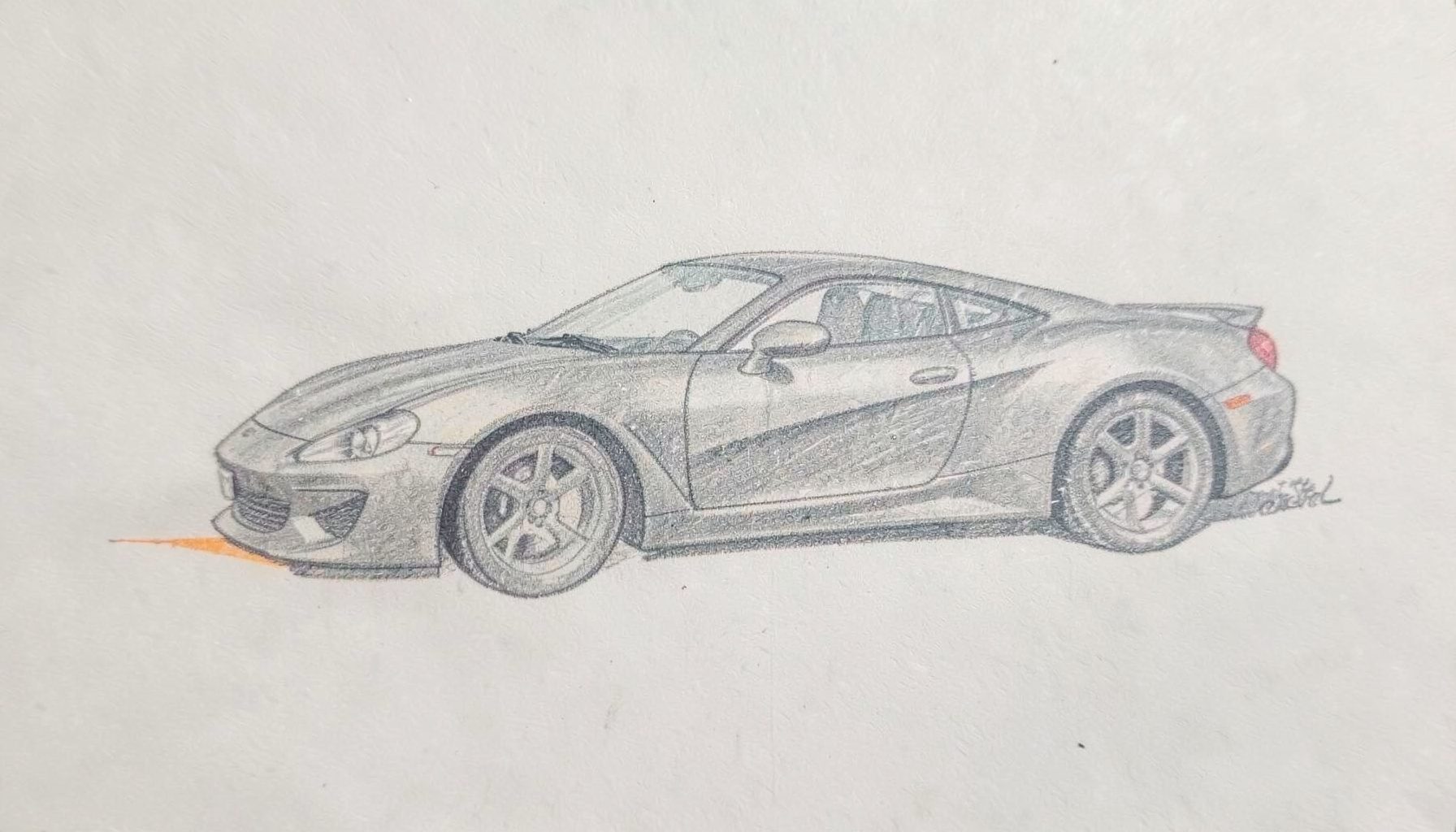 A soft graphite pencil sketch of a low-slung sports car silhouette in cool grey tones on an off-white page.