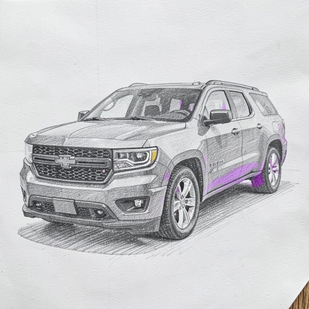 Sketch of a Dodge Durango SUV, athletic proportions rendered in soft pencil strokes on cream paper