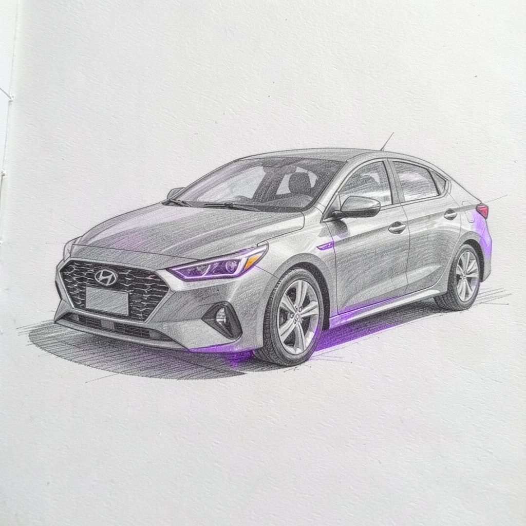 A graphite pencil sketch of a Hyundai Elantra N with sporty bodywork, rendered in dark grey.