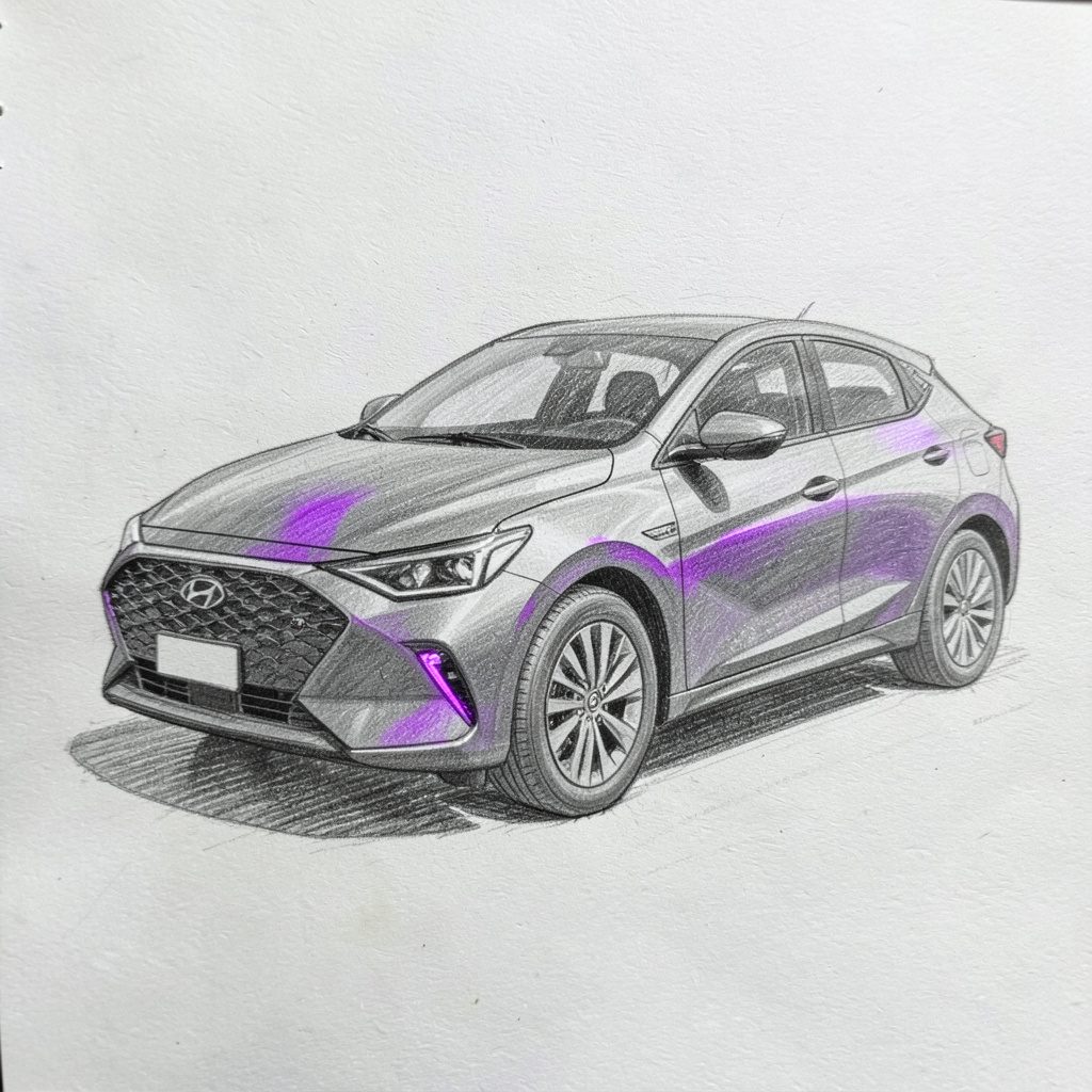 A graphite pencil sketch of a Hyundai Ioniq Electric with a smooth, aerodynamic shape, in light grey.
