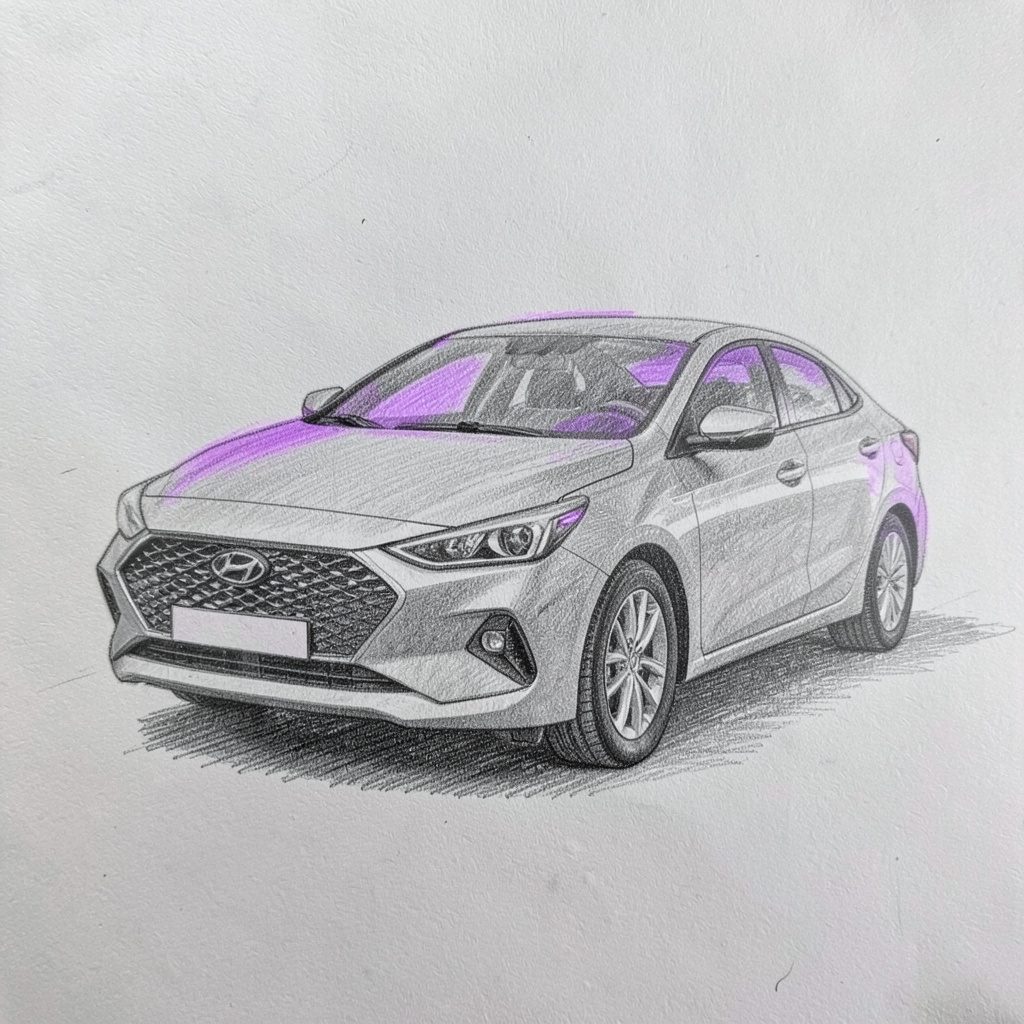 A graphite pencil sketch of a compact Hyundai sedan with clean lines, shaded in soft grey.