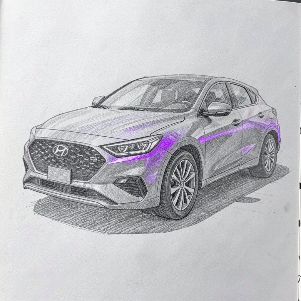 Hyundai brand representation in a graphite pencil sketch style.