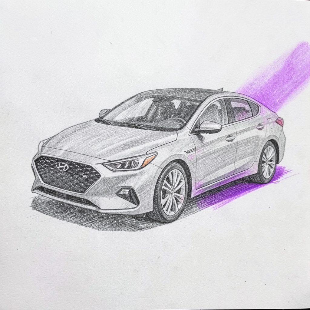 A graphite pencil sketch of a Hyundai Elantra with a sleek fastback profile, in muted grey.