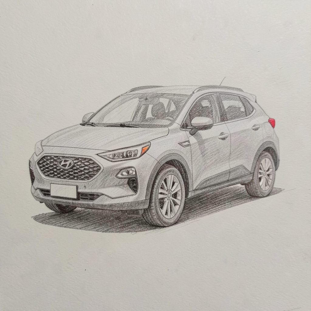 Soft graphite pencil sketch of a Hyundai Kona compact crossover in light grey tones on off-white paper
