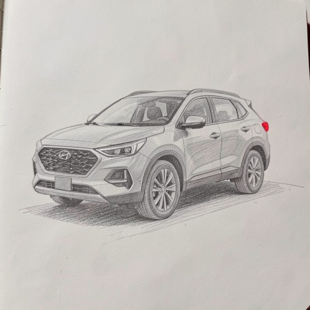 Pencil sketch of a Hyundai Tucson SUV in muted grey tones on off-white paper